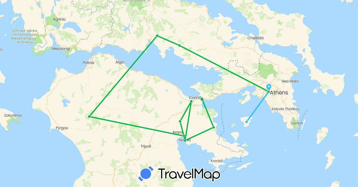 TravelMap itinerary: driving, bus, boat in Greece (Europe)